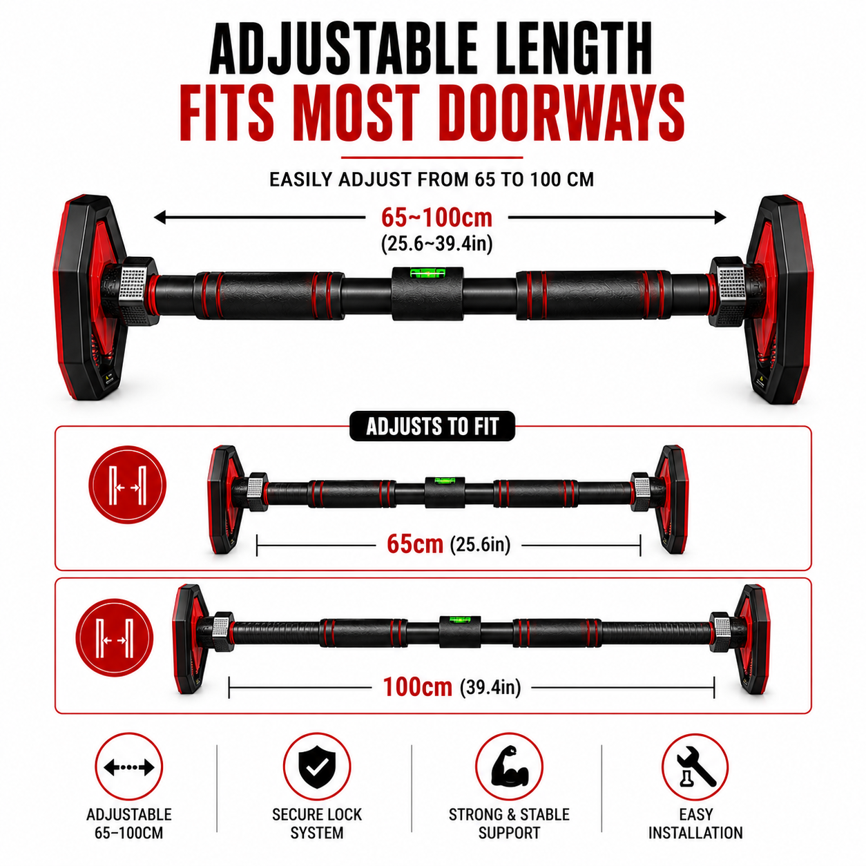 Doorway pull-up bar with adjustable length for multiple door frame sizes
