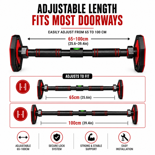 Doorway pull-up bar with adjustable length for multiple door frame sizes
