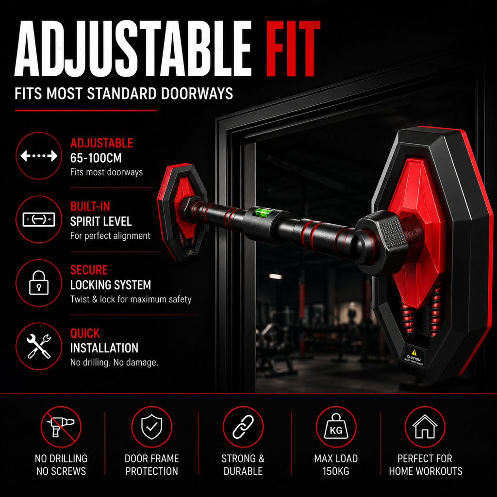 Home doorway pull-up bar used for push-ups and upper body strength exercises