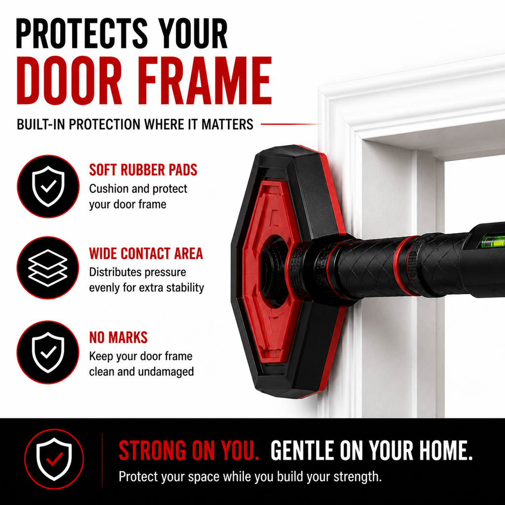 Protective rubber pads prevent damage to door frames during pull-up workouts
