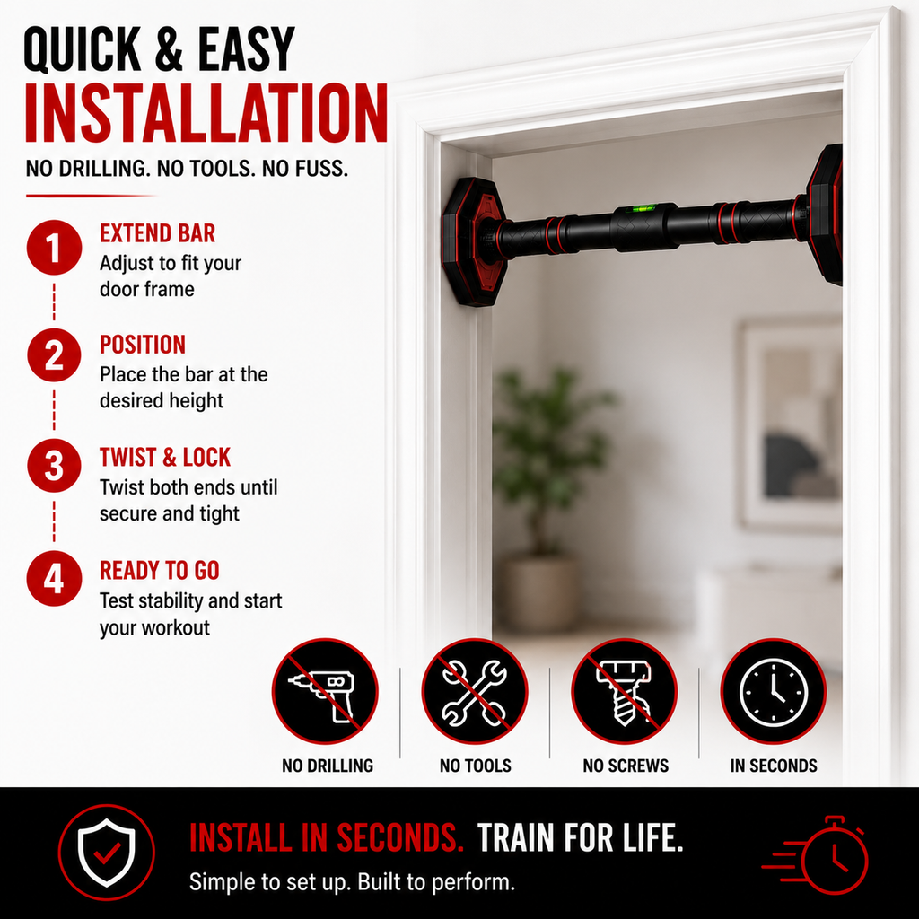 Quick installation doorway pull-up bar requiring no drilling or tools