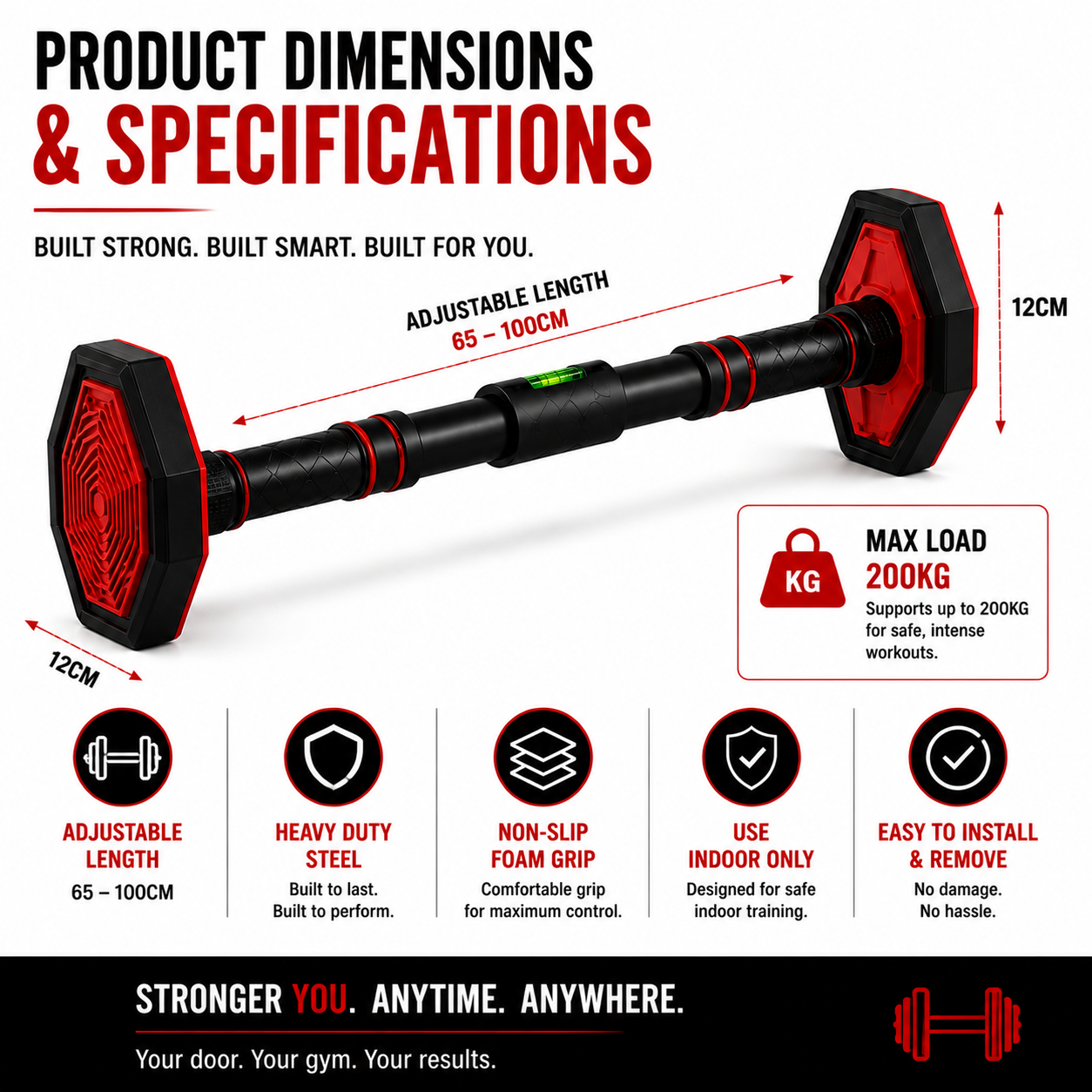 Adjustable doorway pull-up bar dimensions supporting up to 200kg for home fitness