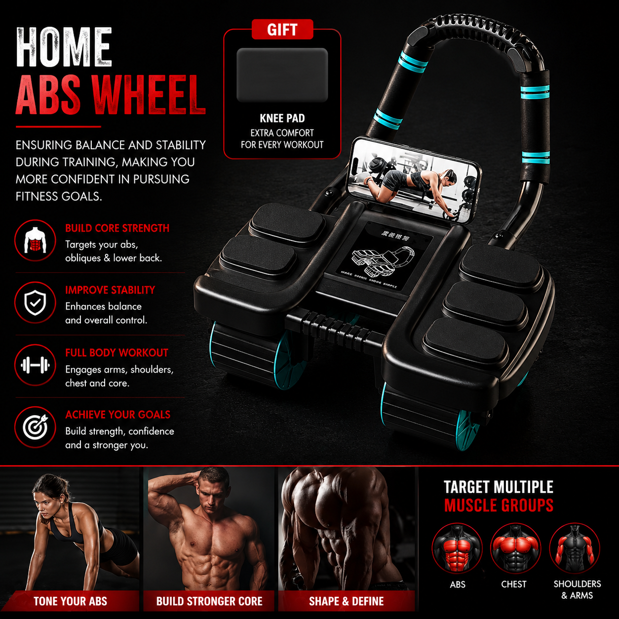 Ab roller with bonus knee pad and targeted muscle group training