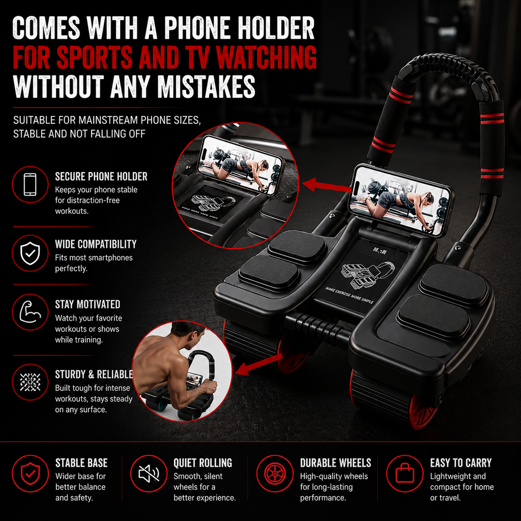 Ab roller with built in phone holder for hands free workout viewing