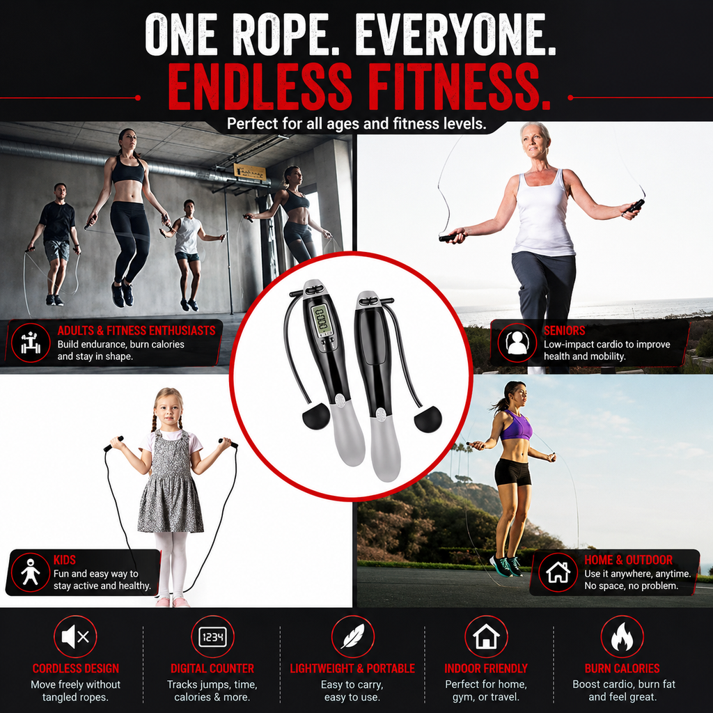 Cordless jump rope suitable for adults, seniors, children and home fitness workouts