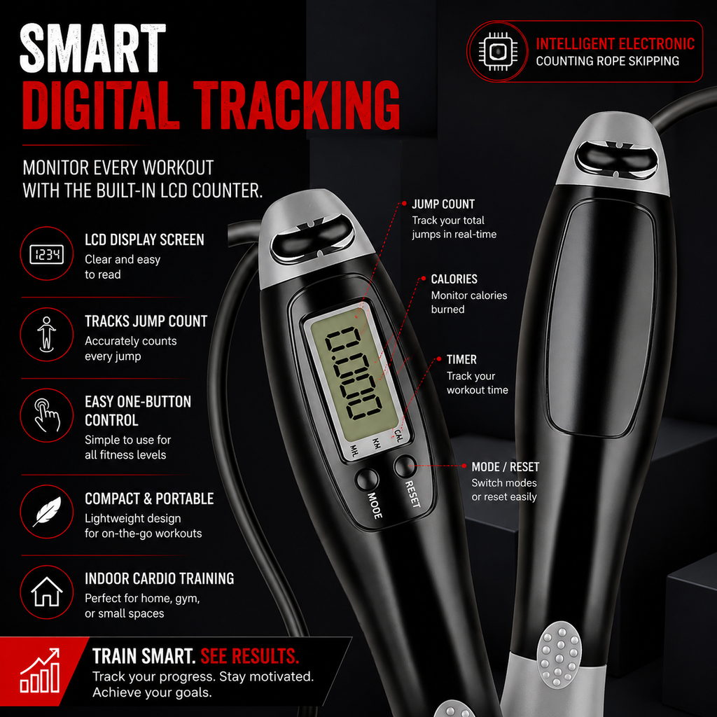 Digital jump rope counter displaying jump count, calories burned and workout tracking