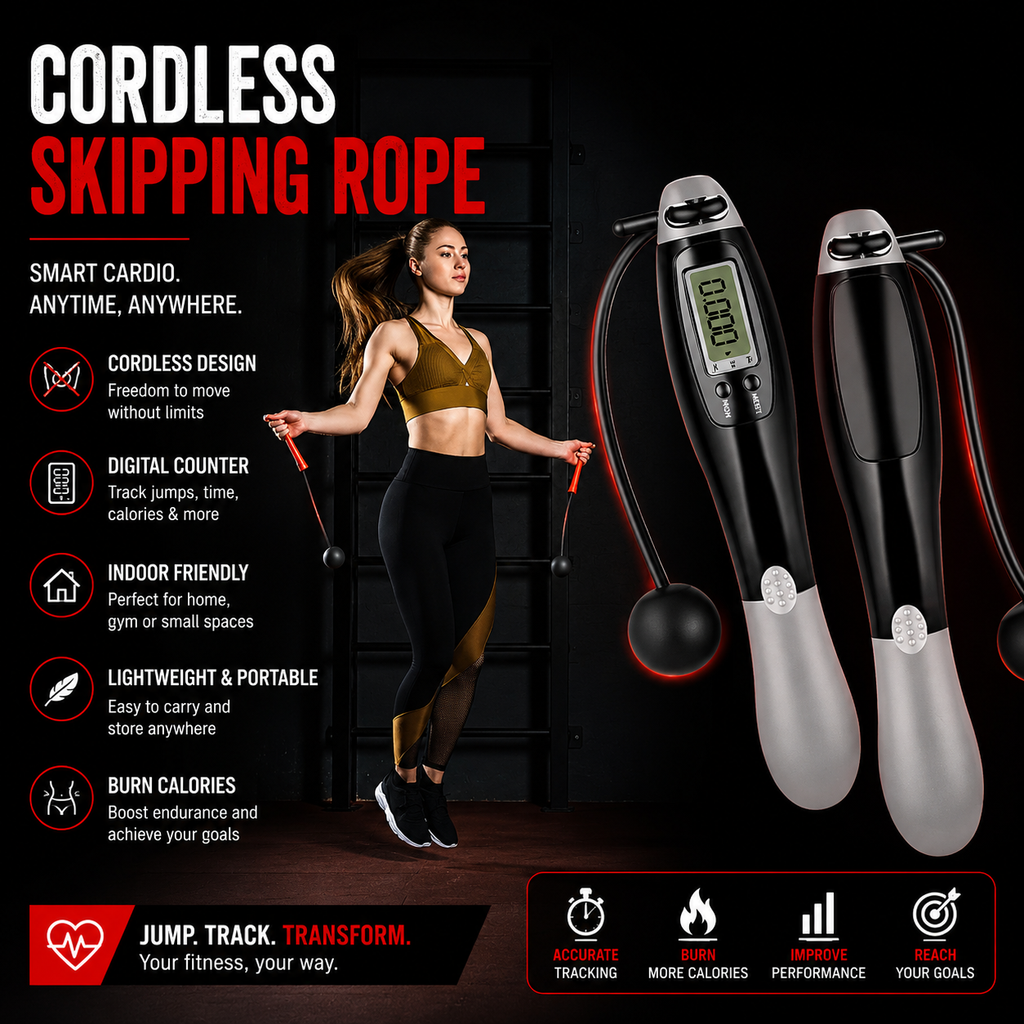 Cordless jump rope used for indoor cardio workouts, fitness training and calorie burning