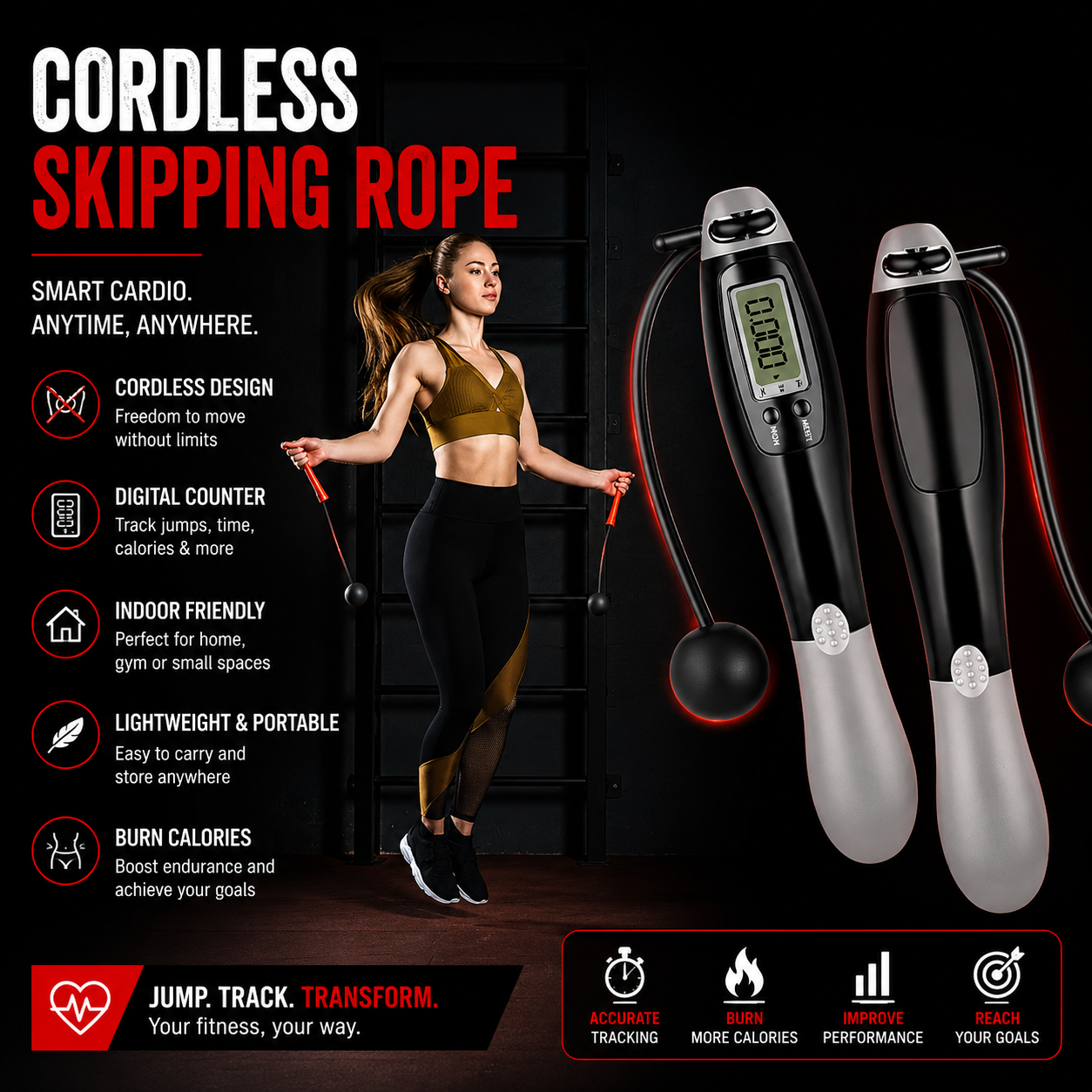 Cordless jump rope used for indoor cardio workouts, fitness training and calorie burning