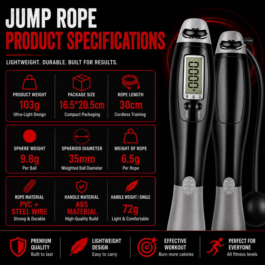 Cordless jump rope product specifications including weight, dimensions, materials and rope details