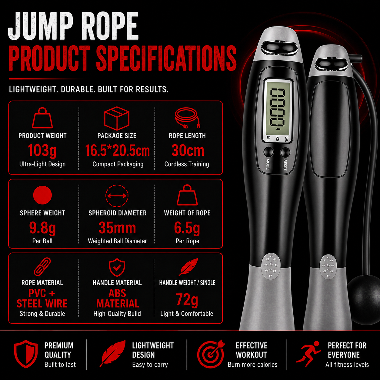 Cordless jump rope product specifications including weight, dimensions, materials and rope details