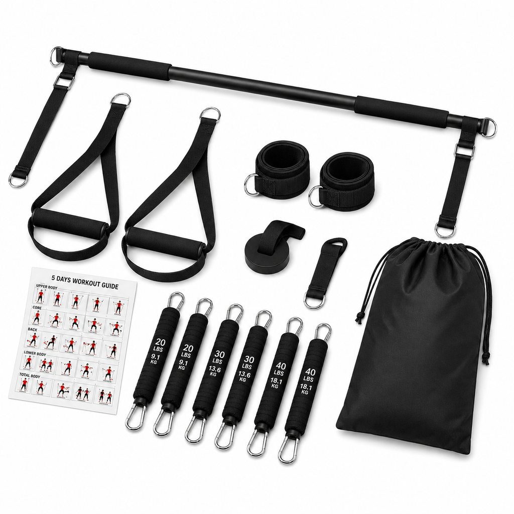VitalVault Pilates Bar Kit with resistance bands, ankle straps, door anchor and carry bag for full body home workouts