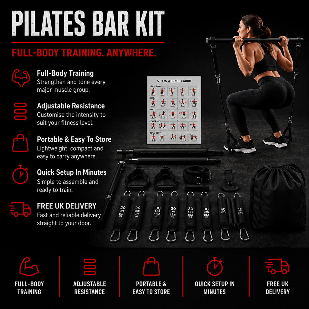 VitalVault Pilates Bar Kit complete home workout system with adjustable resistance bands and accessories
