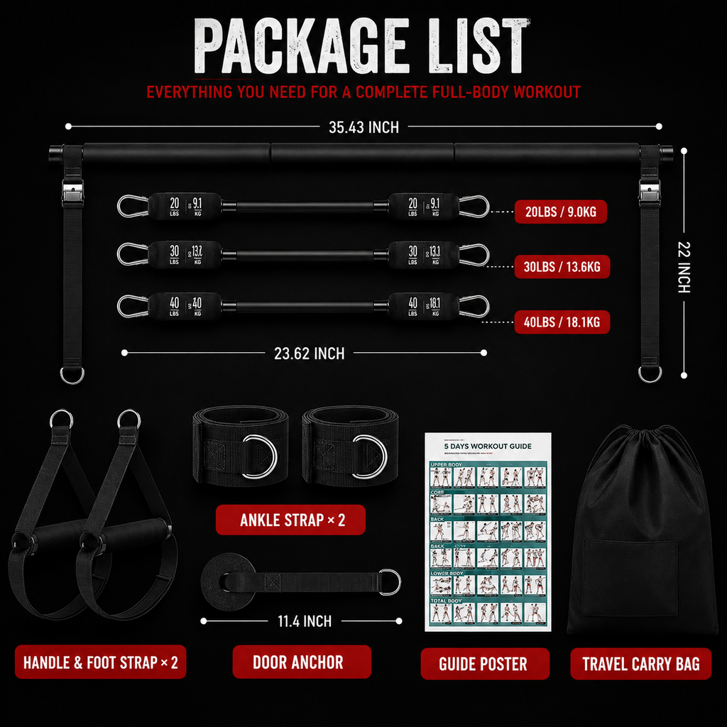 Pilates bar kit package contents showing resistance bands, ankle straps, handles, door anchor and carry bag