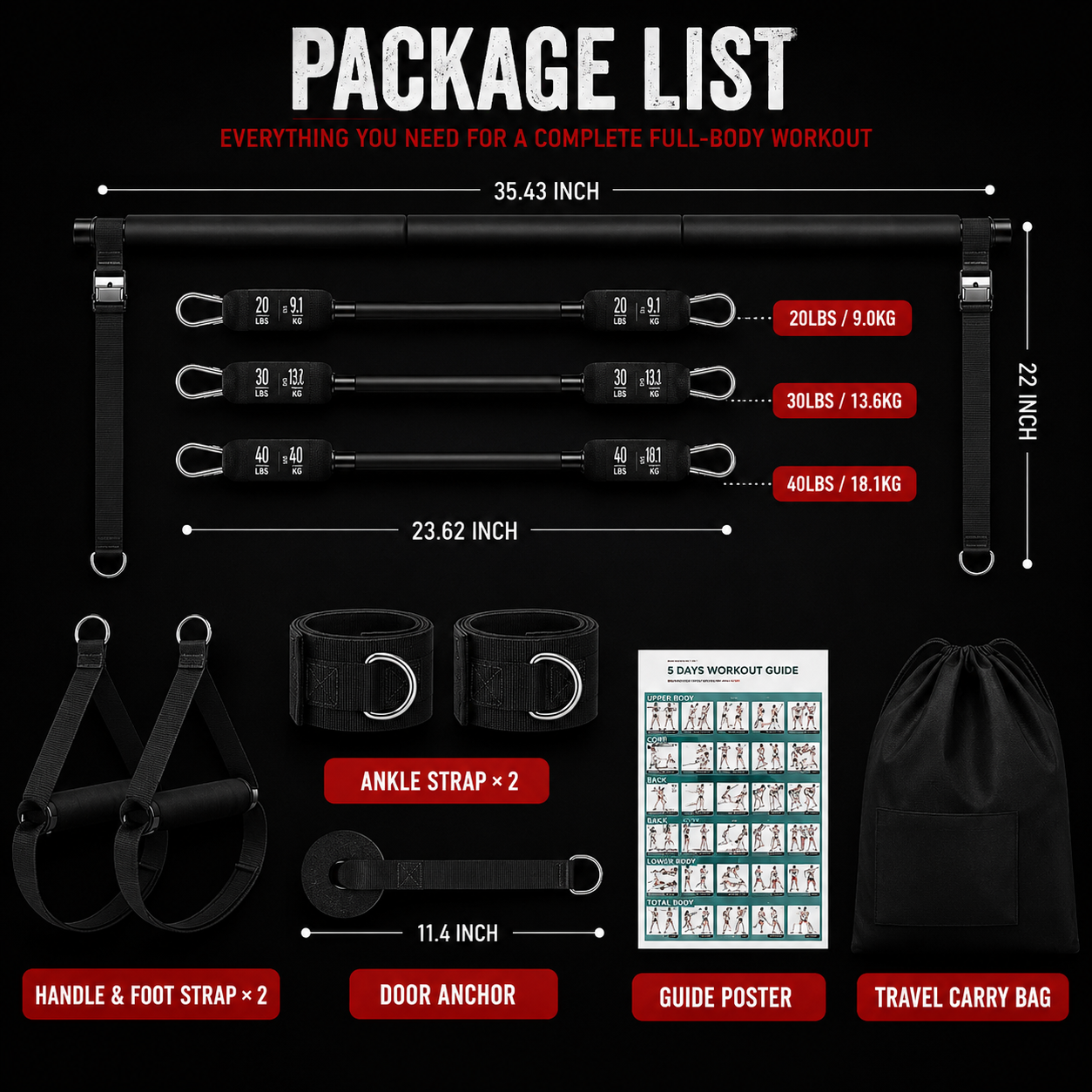 Pilates bar kit package contents showing resistance bands, ankle straps, handles, door anchor and carry bag