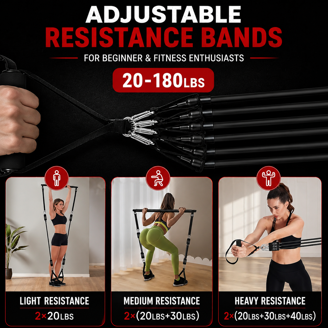 Adjustable resistance bands from 20 to 180 pounds for beginner and advanced strength training