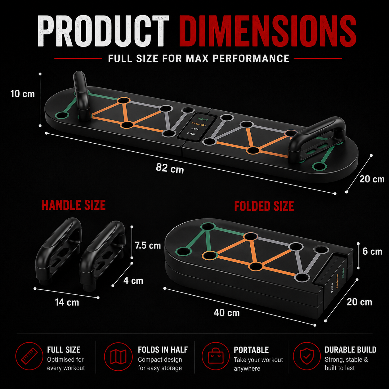 VitalVault push up board dimensions folded size full size and handle measurements