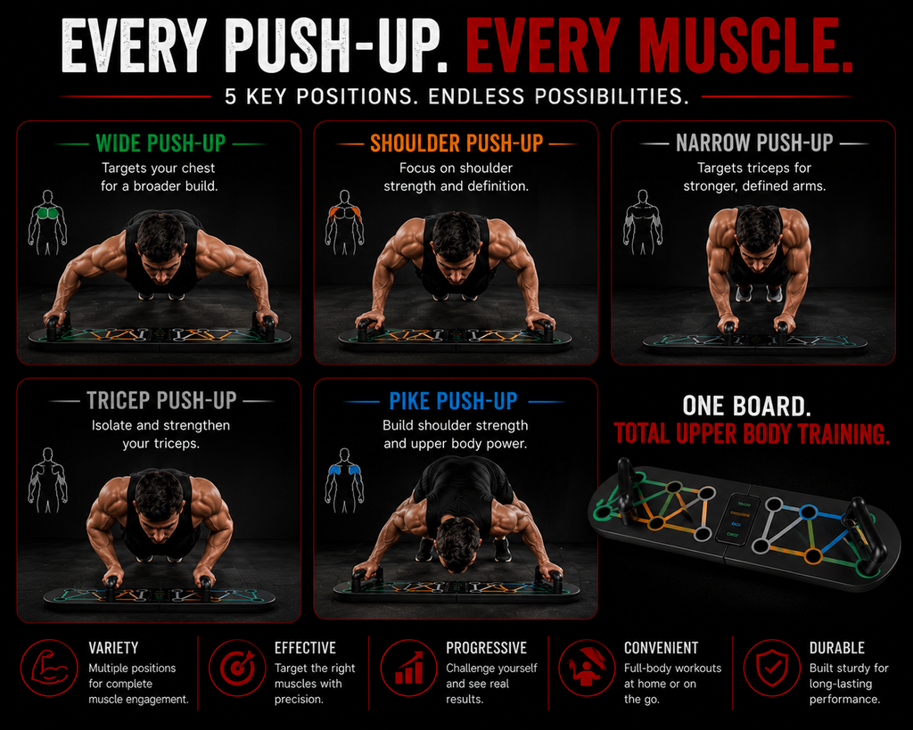 Push up board exercise positions including wide shoulder narrow tricep and pike push ups