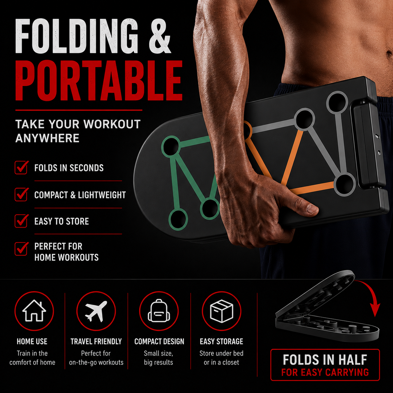 Foldable push up board for home workouts travel and compact storage