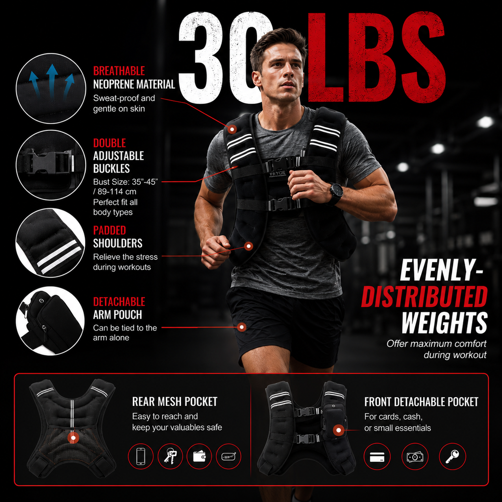 Premium 30lb weighted vest with reflective safety strips, iron pellet filling and durable construction