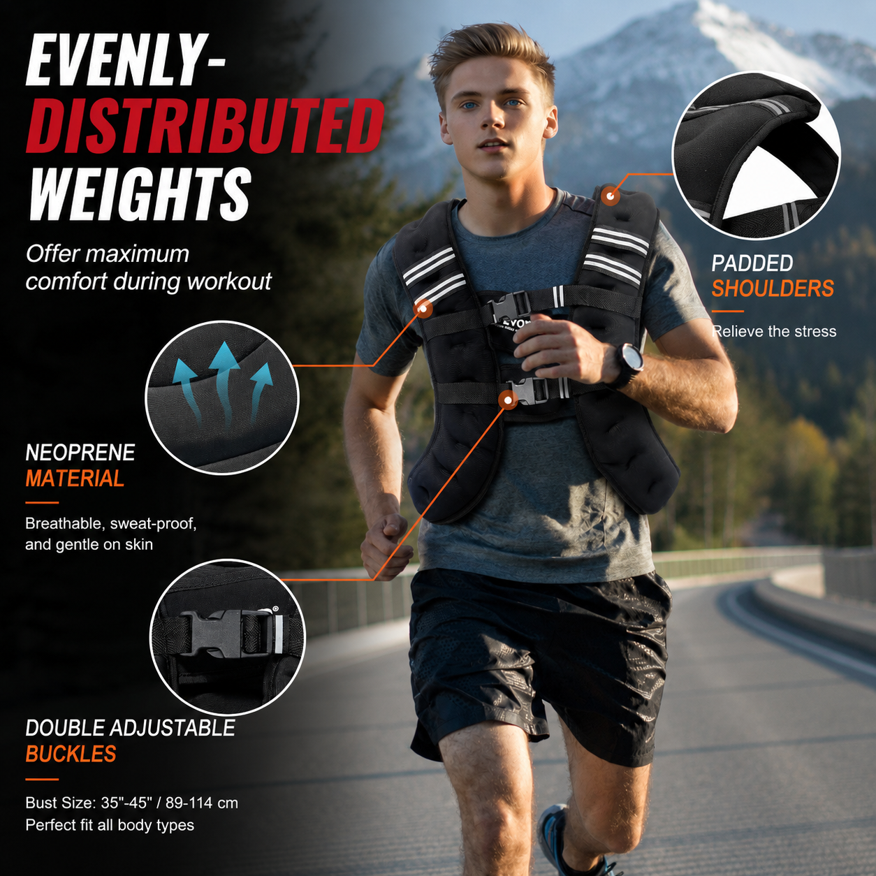 Runner wearing a 30lb weighted vest with padded shoulders and evenly distributed weight for comfortable training